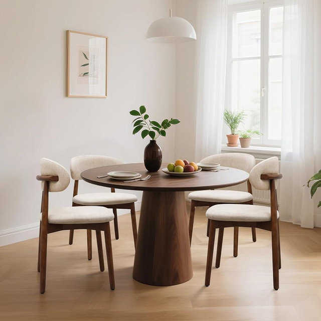 Farmhouse Dining Chairs Set of 4, Mid Century Modern Fabric Upholstered Kitchen Chairs, Wooden Dining Room Chair with Curved Back for Kitchen Dining Room Restaurant Cafe, Light Camel (Only Chairs)