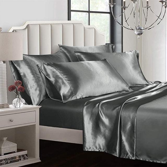 AiMay 6 Piece Bed Sheet Set Deep Pocket Luxury Rich Silk Satin Silky Super Soft Solid Color Hypoallergenic Reversible Stain-Resistant Wrinkle Free (King, Grey)