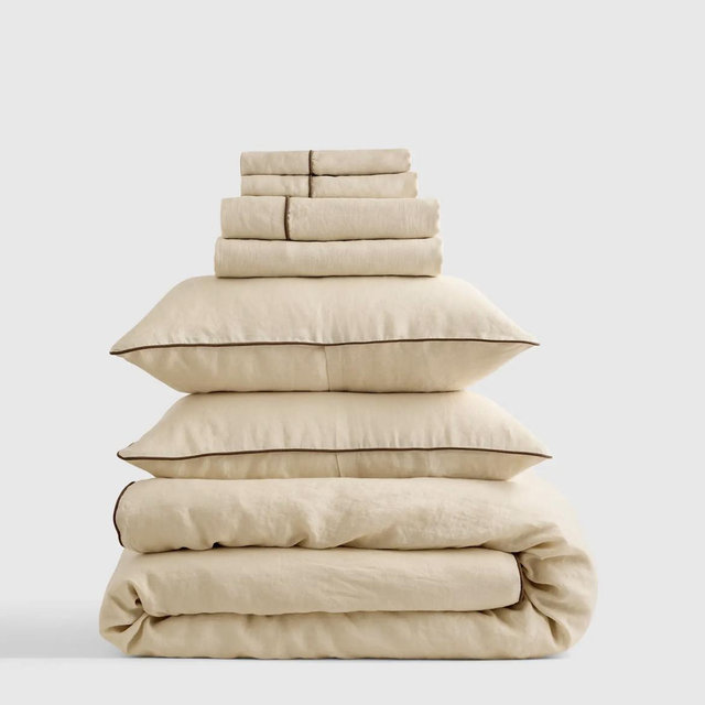European Linen Piped Deluxe Bedding Bundle - Oat/Espresso, Cal King