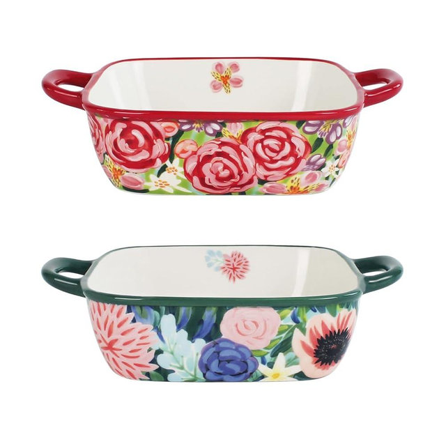 Jinsongdafa Two-piece square ceramic baking pan set: Hand-painted floral ceramic baking pans with double handles, suitable for baking, cooking, kitchens, restaurants, etc.(Combination 2)