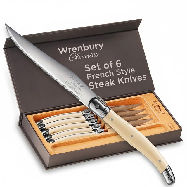Wrenbury Laguiole Steak Knives Set of 6 Stainless Steel French Design Serrated Dinner Knife Set for Dining and Gifting - Ivory