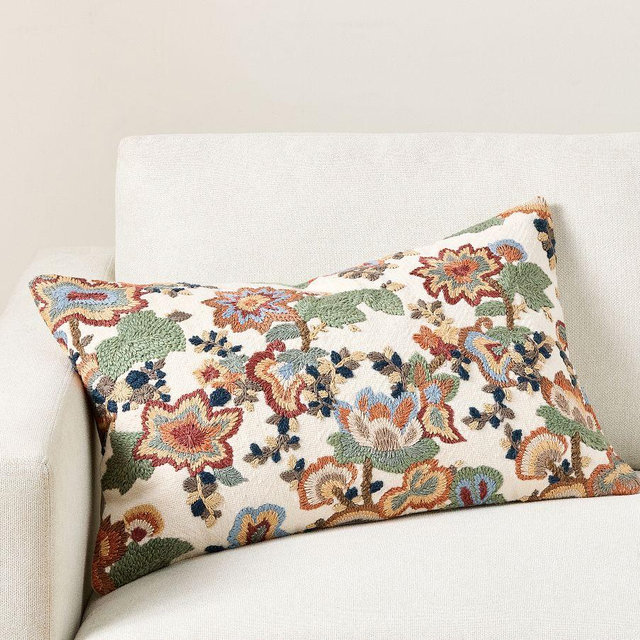Willow Embroidered Lumbar Pillow Cover, 16" x 26", Multi