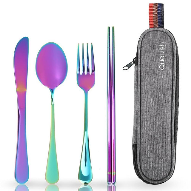 Travel Utensils with Case, Quatish Portable Silverware Set for Work, Lunch Reusable Travel Cutlery Set, 304 Stainless Steel Fork and Spoon Set for Camping