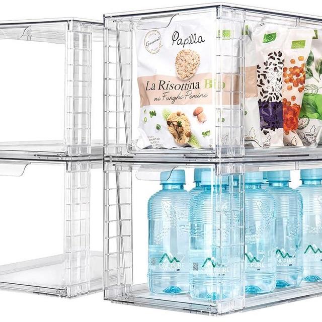 Zero Zoo 4Pack Large Stackable Kitchen Storage Drawers, Clear Food sOrganizer Bins with Handles, Easily Assemble for Bathroom, Kitchen, Pantry, Cabinet, Closet (Up Handled)