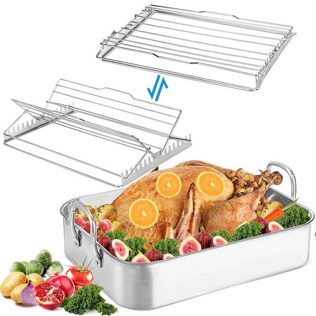 TOPZEA Stainless Steel Roasting Pan with Rack, 16 Inch Classic Rectangular Turkey Roaster Pan with 2 In 1 Grill Rack & Handle, Large Broiling Baking Pan Oven Cookware for Chicken, Steak, Meat, Lasagna