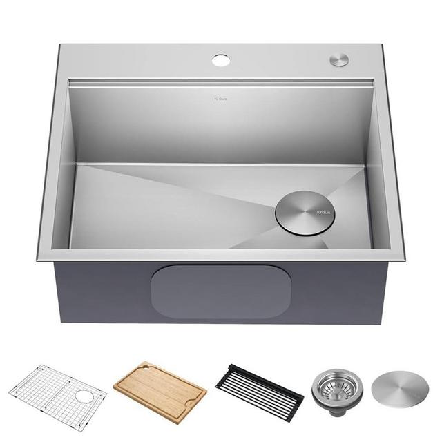 KRAUS Kore 25-Inch Drop In/Top Mount Workstation 16 Gauge Single Bowl Stainless Steel Kitchen Sink with Accessories, KWT311-25