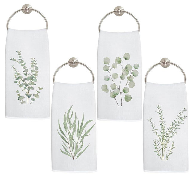 LADOCK Sage Green Eucalyptus Leaves Kitchen Towels, Botanical Hand Towels for Bathroom Decor, Green Leafy Plant Dish Tea Towel for Kitchen Decor, 16x24 Inch Set of 4