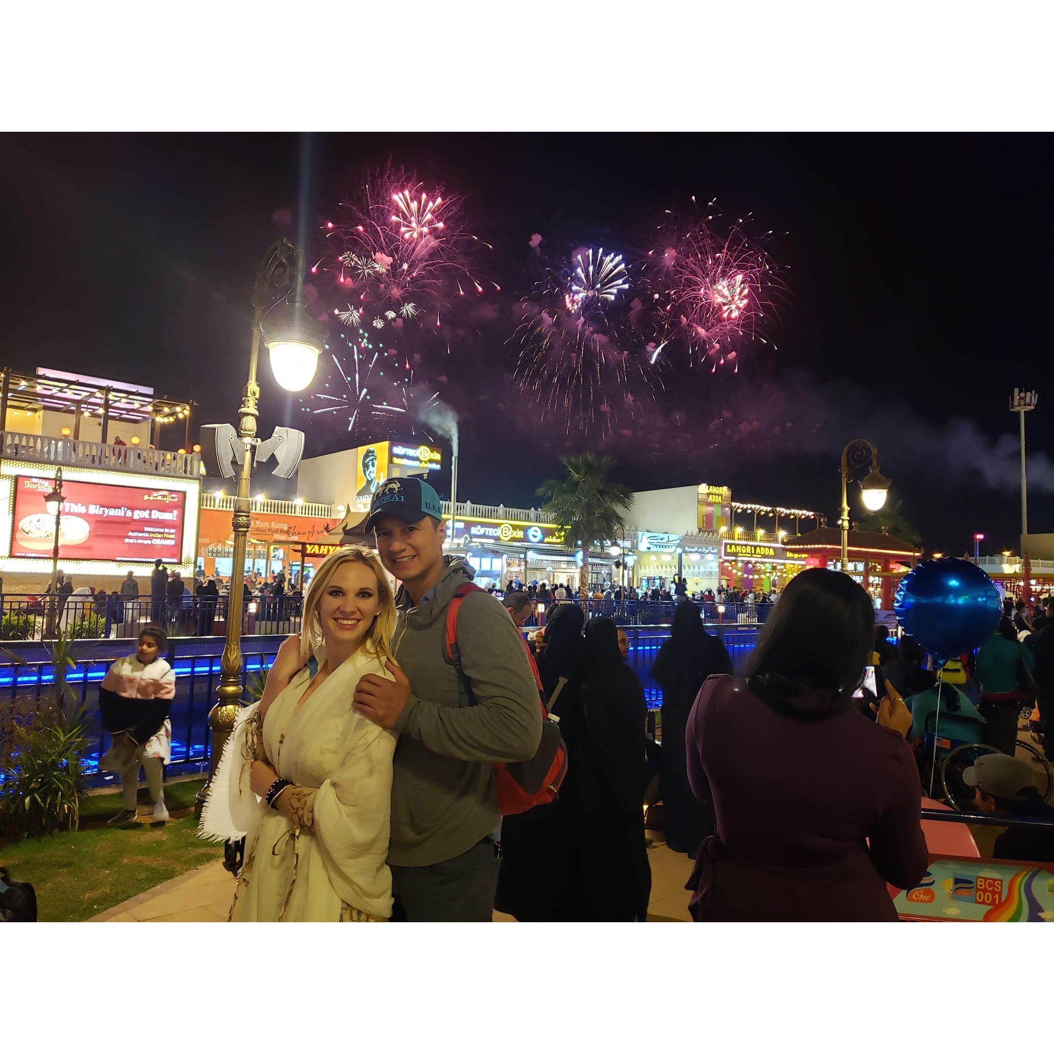 Enjoying Fireworks in Dubai, UAE.