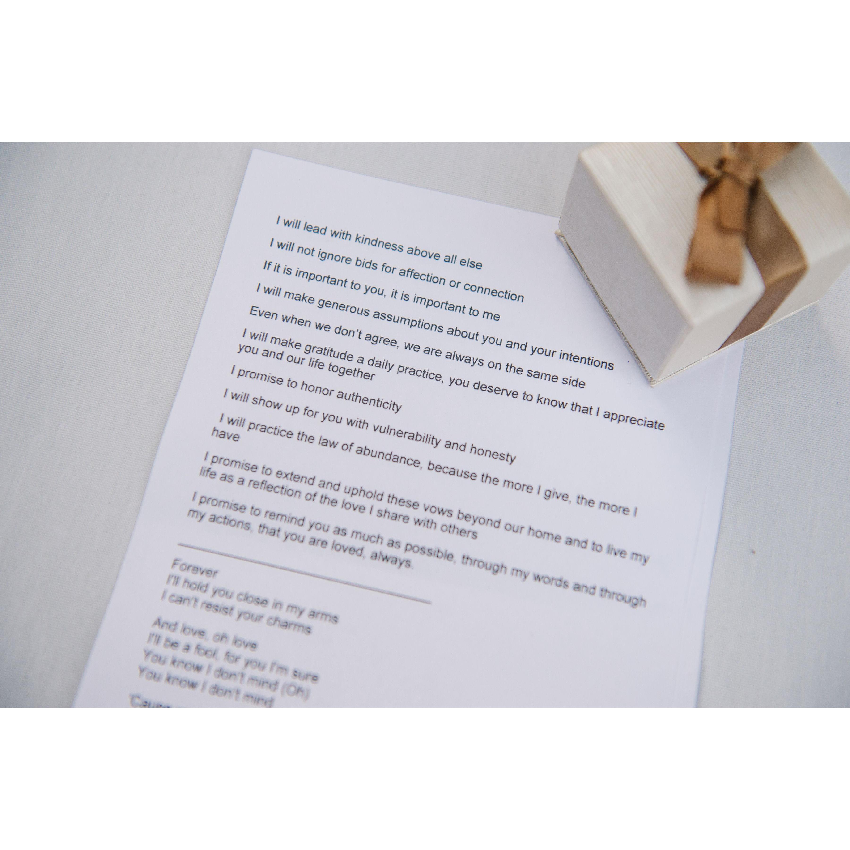 Our vows sheet and ring box