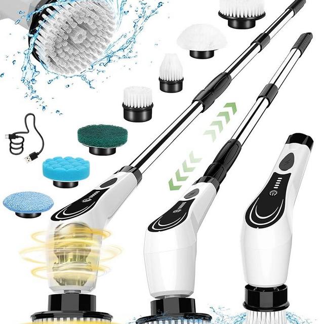 Electric Spin Scrubber, Cordless Cleaning Brush, Shower Scrubber with 8 Brush Heads, Power Scrubber 2 Adjustable Speeds, Adjustable & Detachable Long Handle, IPX7 Waterproof for Tub Tile Floor Car-B