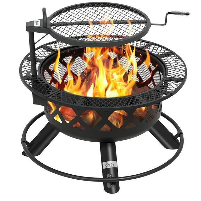 BALI OUTDOORS Wood Fire Pit Outdoor Wood Burning Fire Pits, Patio Fire Pit with Cooking Grate Outdoor Fireplace Firepit Grill for Patio Backyard Camping Barbecue Party, 24 Inch Fire Bowl, Black