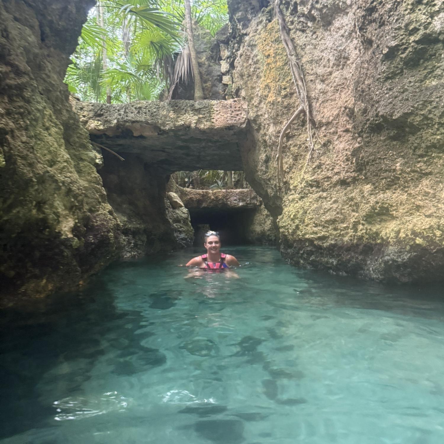 Paige swimming down the "azul" river @ Xcaret. This route is mostly underground so not much to see there, but great if you like caves and are not claustrophobic.