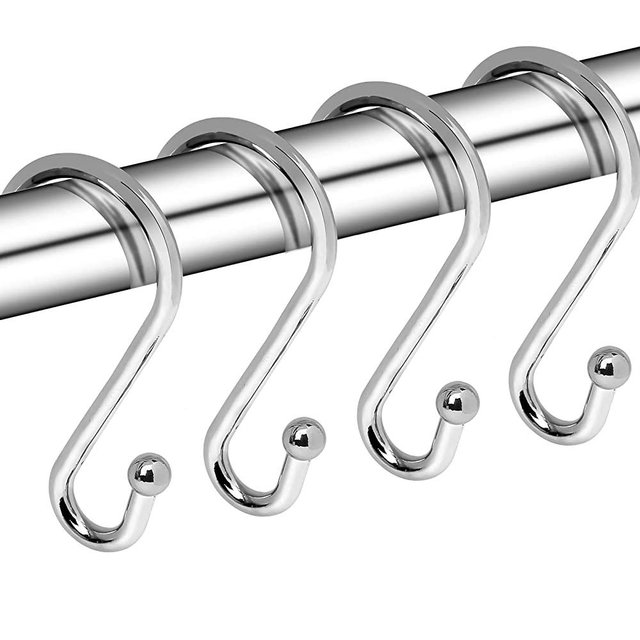 Metal Shower Curtain Hooks, Set of 12, Rust Proof Shower Curtain Hooks Rings, Durable S Shaped Hooks Hangers for Shower Curtains, Kitchen Utensils, Clothes, Towels (Chrome)