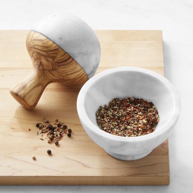 Williams Sonoma White Marble Mortar and Pestle, Olivewood