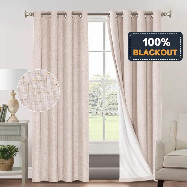 Primitive Textured Linen 100% Blackout Curtains for Bedroom/Living Room Energy Saving Window Treatment Curtain Drapes, Burlap Fabric with White Thermal Insulated Liner (52 x 84 Inch, Natural)