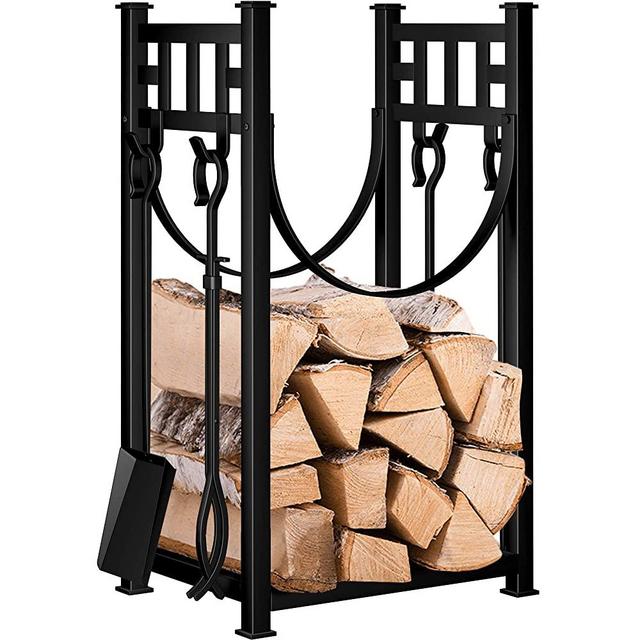 Amagabeli 31.6in Tall Firewood Rack Bin Log Holder with Fireplace Tools Wood Log Rack Fireside Indoor Lumber Storage Stacking Wrought Iron Tools Black
