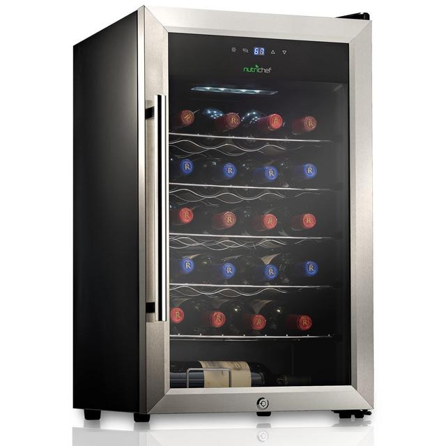 NutriChef PKCWC248 24 Bottle Compressor Cooler Refrigerator Cooling System | Large Freestanding Wine Cellar Fridge for Red and White Champagne or Sparkling, Stainless Steel Glass Door