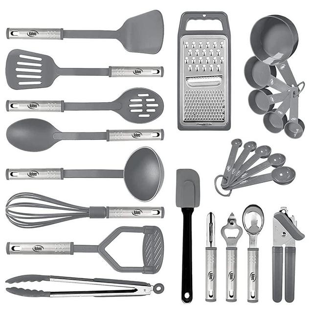 Kitchen Cooking Utensil Set 24 Nylon and Stainless Steel Utensil Set, Non-Stick and Heat Resistant Cooking Utensils Set, Kitchen Tools, Pots and Pans Accessories and Kitchen Gadgets (Gray)
