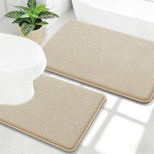 OLANLY Bathroom Rugs Sets 2 Piece, Soft Absorbent Memory Foam Bath Mats and U-Shaped Toilet Rug Set, Machine Washable Bath Mats for Bathroom, Home Decor Accessories (30"x20"+24"x20", Beige)