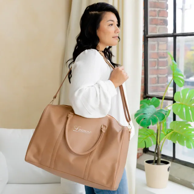 Women's Custom Embroidered Faux Leather Weekender Travel Bag - Tan