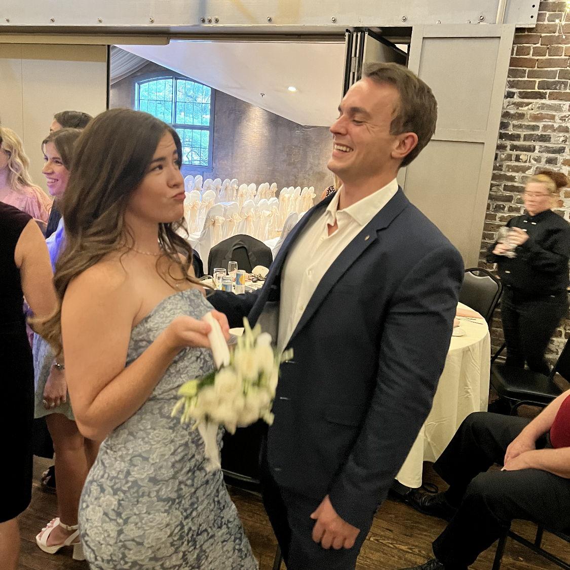 The day Chad bought the engagement ring we went to my cousins wedding and I caught the bouquet toss! #meanttobe