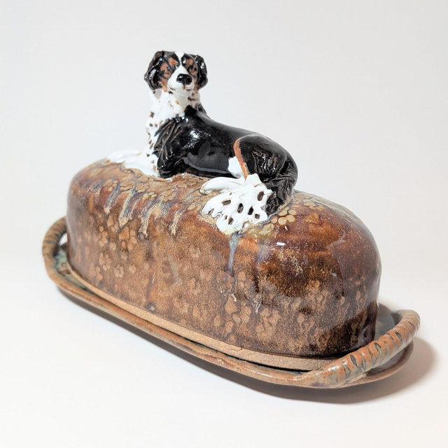 Handmade Ceramic Dog Figurine Butter Dish: Brown Stoneware with Lid