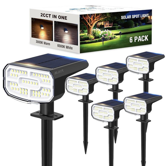 JEJOT Solar Spot Lights Outdoor Waterproof IP65,6 Pack,2CCT(3000K/6500K), Super Bright LED, 4 Lighting Modes Selectable, Solar Powered Yard Garden Solar Spot Lights for Outside Landscape Auto On/Off