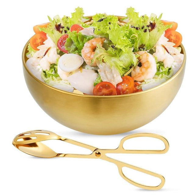 Supkiir Stainless Steel Salad Bowls with Gold Salad Tong, 9.8”×4.5” 51oz Gold Kitchen Mixing Bowl, Large Serving Bowl Nesting Bowls for Mixing Cooking Baking Prepping Salad Soup Fruit