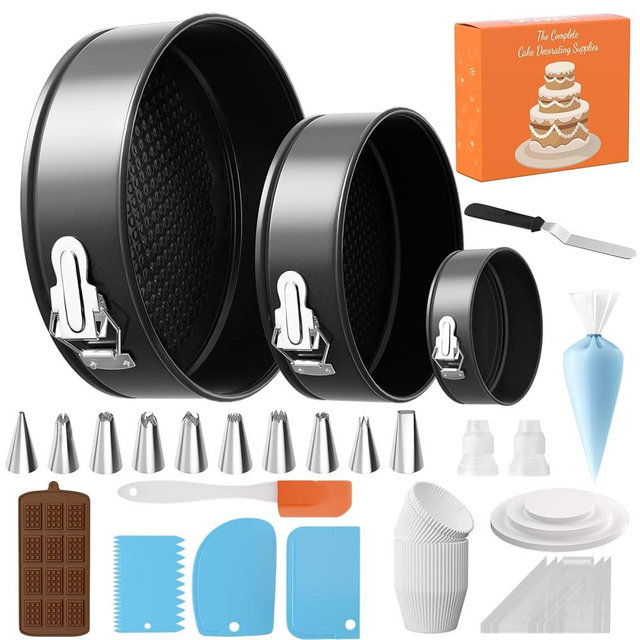 131Pcs Springform Pan Cake Pan Sets for Baking Non-Stick Cake Decorating Kit (4, 7, 9 Inch), Piping Bags and Tips Cheesecake Bakeware Baking Tools Parchment Paper & Manual