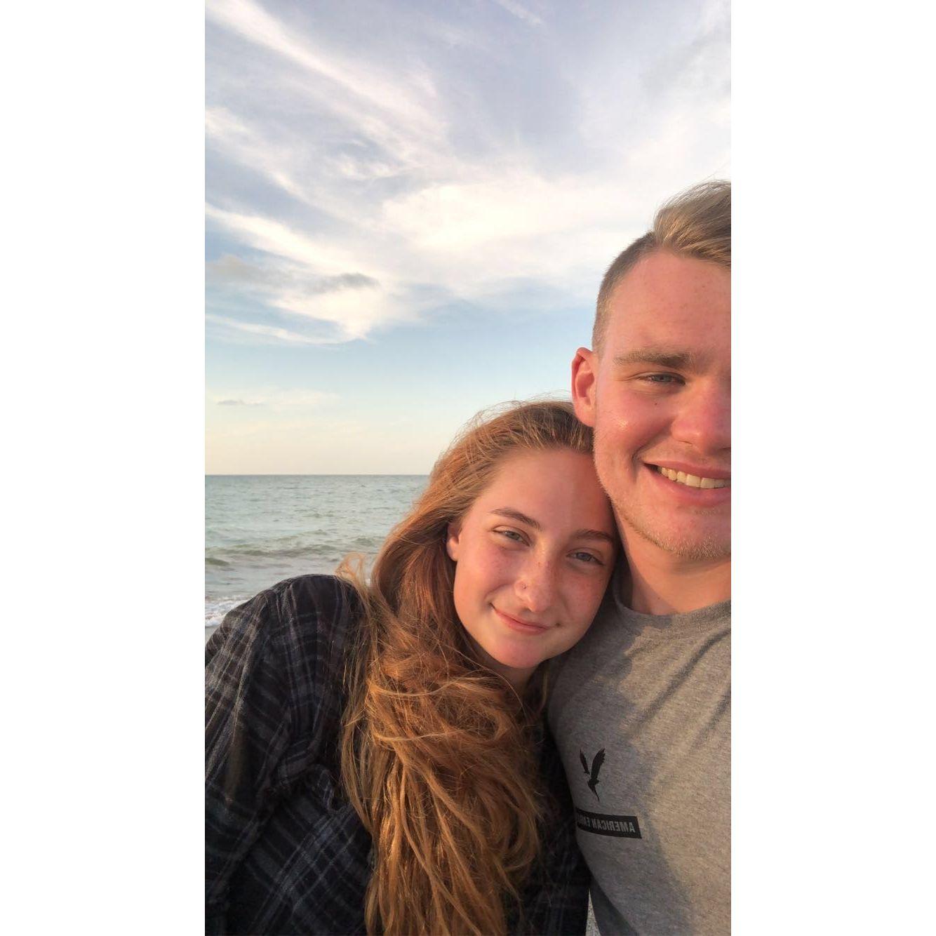 6 months after we started dating. The first time we saw each other after high school. The night before was the first time we said "I love you"
