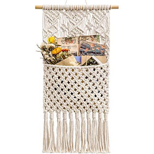 Mkono Macrame Magazine Storage Organizer Mail Holder Wall Mount Cotton Wovening Hanging Pocket Boho Home Decor Ivory, 13" W × 29" L