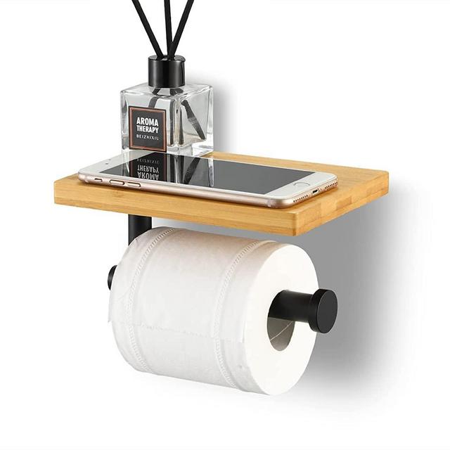 KES Toilet Paper Holder with Shelf for Bathroom, Stainless Steel Toilet Roll Holder with Bamboo Shelf Wall Mount Black, BPH220BA-BK