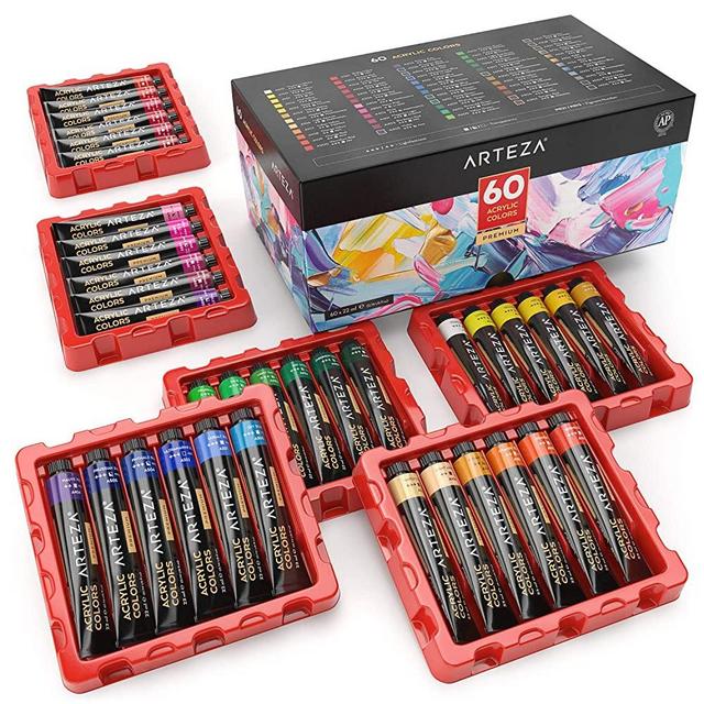ARTEZA Acrylic Paint, Set of 60 Colors/Tubes (22 ml, 0.74 oz.) Art Supplies Paint Set, Rich Pigments, Non Fading, Non Toxic Paints for Artist, Hobby Painters & Kids, Ideal for Canvas Painting