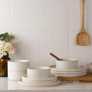 Famiware Star Plates and Bowls Sets, Modern Stoneware Dinnerware Sets for 6, 18-Piece Kitchen Dish Sets - Chip and Scratch Resistant, Microwave and Dishwasher Safe Tableware Set, Matte White