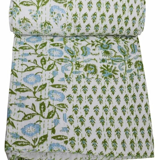 YUVANCRAFTS Indian Block Print Kantha Quilt Queen Size Kantha Throw Blanket Bedspread Cotton Bed Cover Vintage Quilt Boho Twin 90 X 60 Inch Green