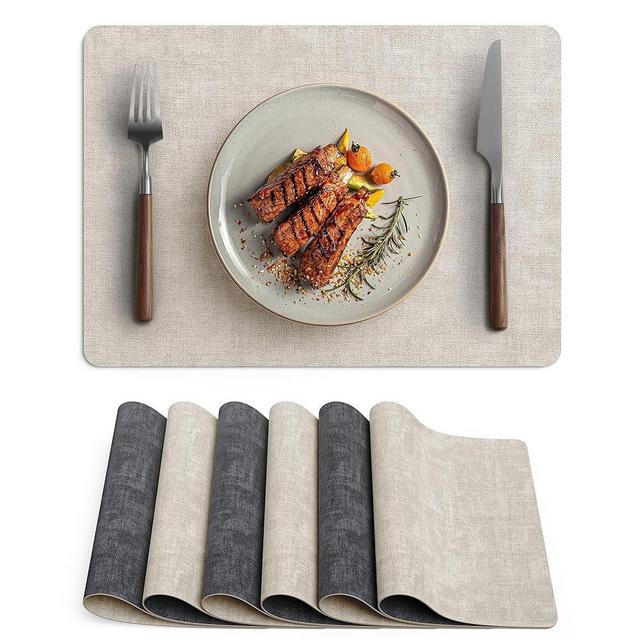 Faux Leather Vinyl Placemats Set of 6 Wipeable Heat Resistant Place Mats 100% Washable - Waterproof - Anti Slip Reversible Table Mats for Kitchen/Dining/Party/Outdoor, 12" x 16.5", Beige & Black