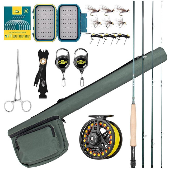 SF Fly Fishing Rod Combo Starter Kit Semi Gloss Green Jade Finish 24T Carbon Fiber Trout Travel Fly Rod with Reel,Fly Rod case,Fly Box , Flies,Tapered Leader,Knot Tying Tools