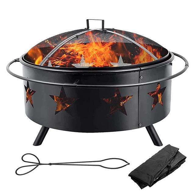 LMRSTOO 36inch Fire Pit for Outside,Heavy Duty Wood Burning Outdoor Fire Pits Firepit with Spark Screen & Waterproof Cover & Poker, Large Firepit for Bonfire Patio Fireplace Garden Picnic Backyard