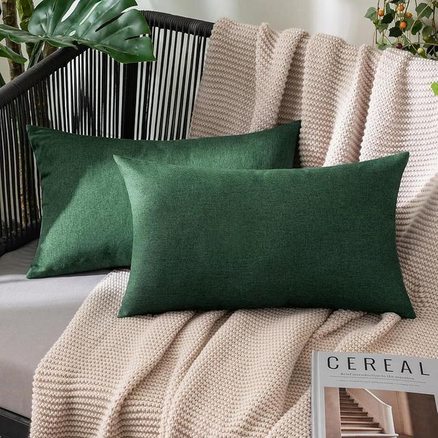 MIULEE Pack of 2 Spring Decorative Outdoor Solid Waterproof Throw Pillow Covers Polyester Linen Garden Farmhouse Cushion Cases for Patio Tent Balcony Couch Sofa 12x20 inch Emerald Green