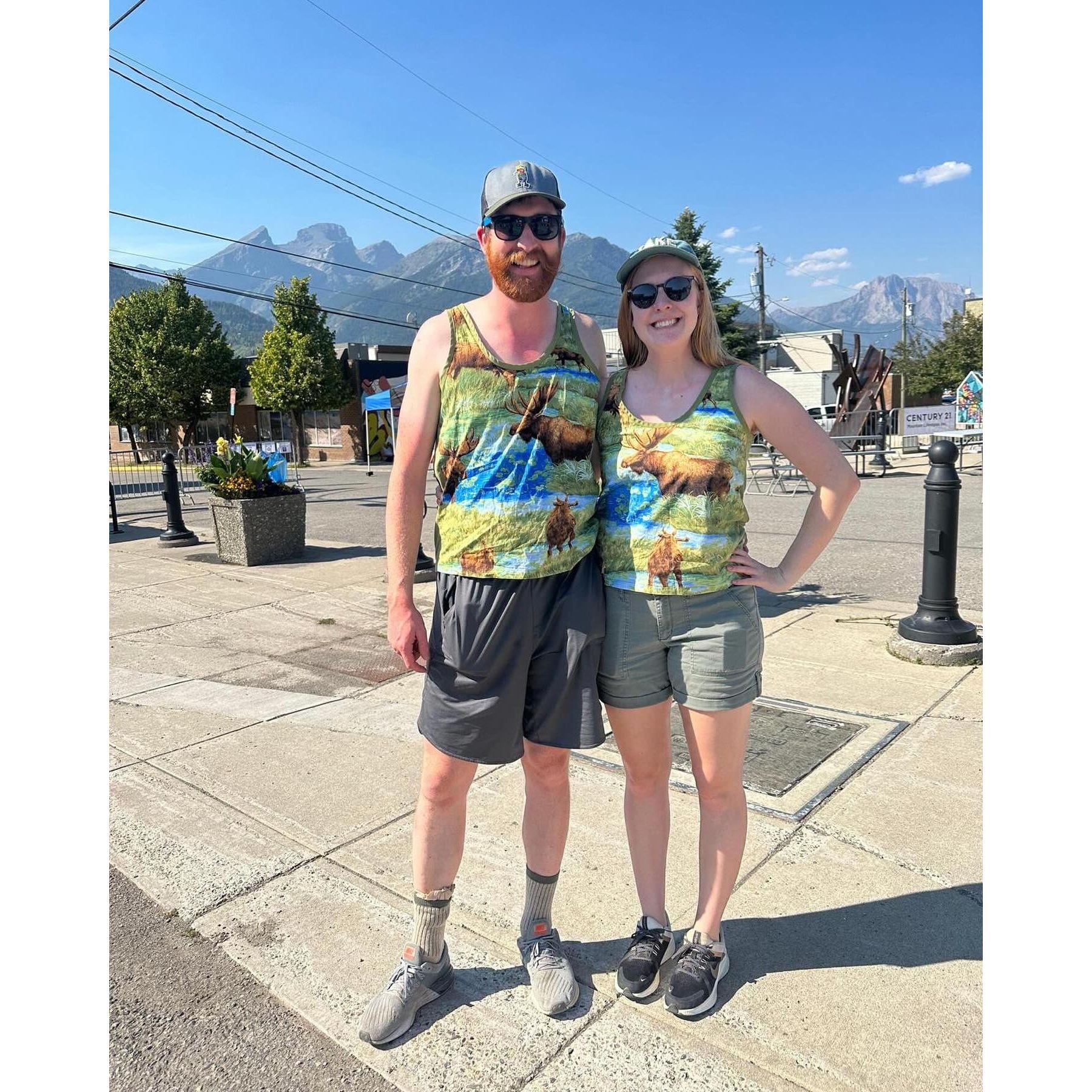 Wearing our matching Moose tanks (handmade by Norene Carlson) in Fernie, BC