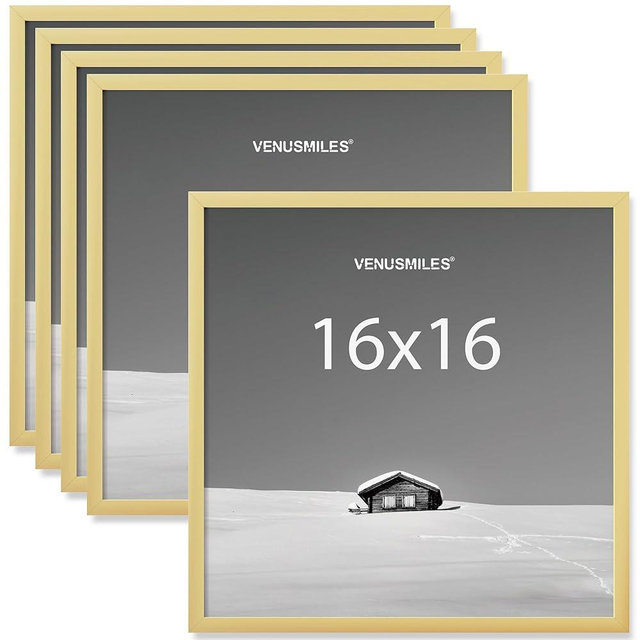 Venusmiles 16x16 Picture Frame, Display 16x16 Photo Frames - High Definition Plexiglass - Vertical and Horizontal Display - Wall Hanging or Table Top Frame - Gold, 5 Pack