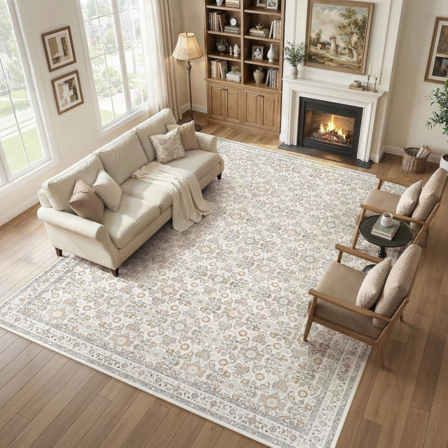 WITSHOCK 10x13 Living Room Area Rugs, Vintage Washable Rugs Non-Slip Large Carpet for Bedroom Office Dining Room Kitchen, Soft Thin Stain Resistant Retro Floral Rug, Camel/Beige