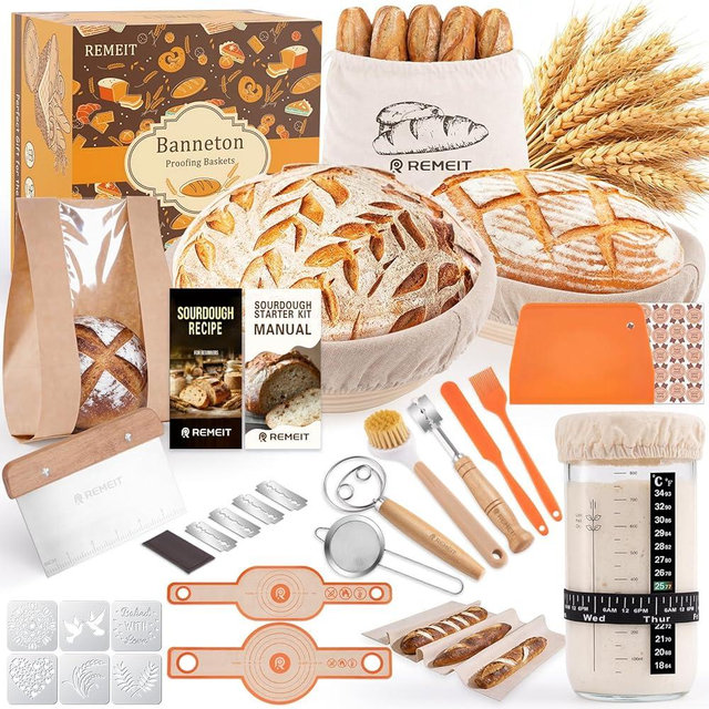 REMEIT Sourdough Starter Kit with Banneton Bread Proofing Basket Set, 9" Round & 10" Oval Proofing Basket, Sourdough Bread Baking Supplies with Starter Jar, Bread Lame, Dough Whisk and Baking Tools