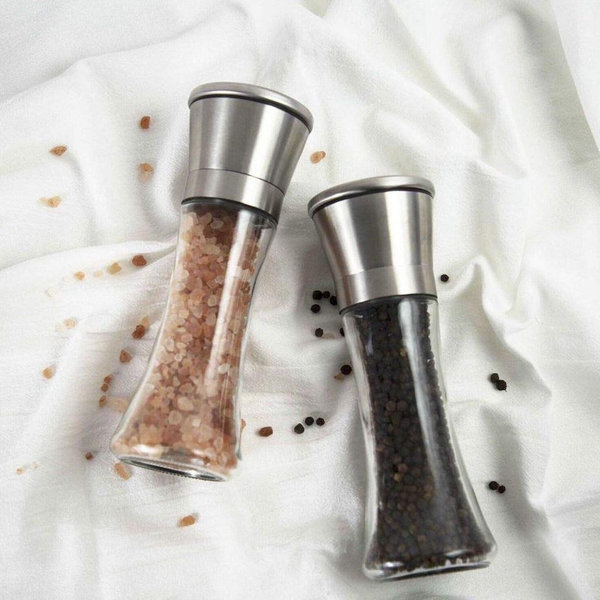Home EC Premium Stainless Steel Sea Salt and Pepper Grinder Set of 2 - Adjustable Ceramic - Tall Glass Salt and Pepper Shakers - Kitchen Spice Mill W/Funnel & EBook