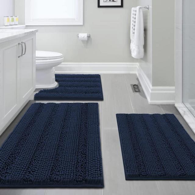 H.VERSAILTEX 3 Piece Bathroom Rugs Sets Thick Striped Bath Rugs Set for Bathroom Non Slip Soft Absorbent Bath Mat Set for Tub, Shower and Toilet(17''x24''+20''x32''+20''x24'' U-Shaped, Navy)