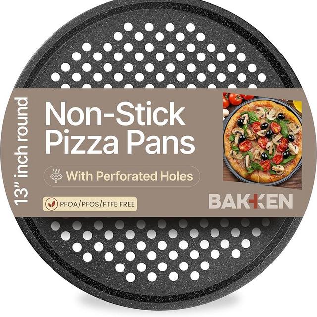 Bakken Pizza Baking Pan - Round Perforated Carbon Steel Pan with Non-Stick Marble Coating, Oversized Silicone Handle, Dishwasher Safe, High-Temperature Resistant, Durable & Easy Cleanup Gray, 1 Tray