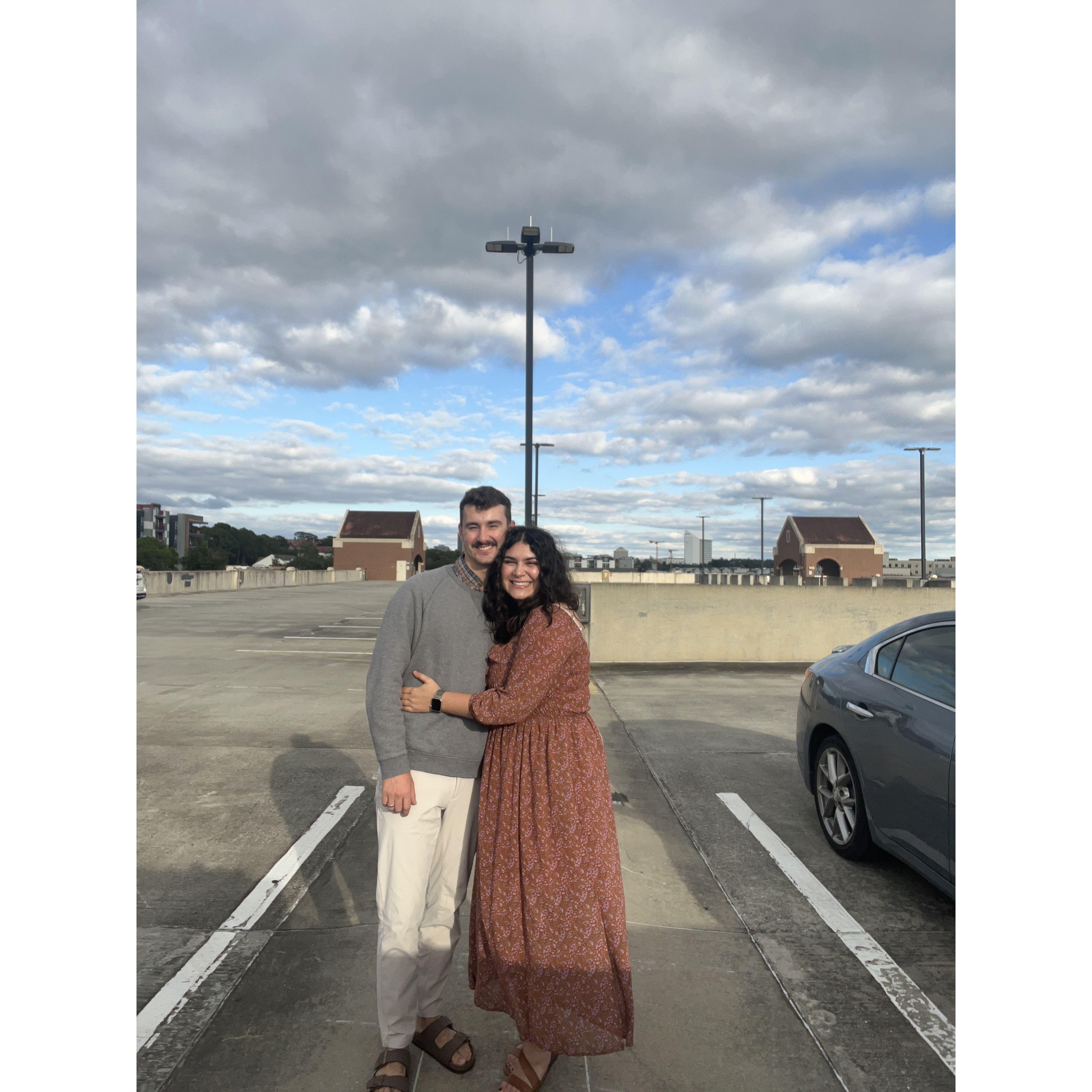about 45 minutes before he proposed! at the top of the parking garage where we had our first date!