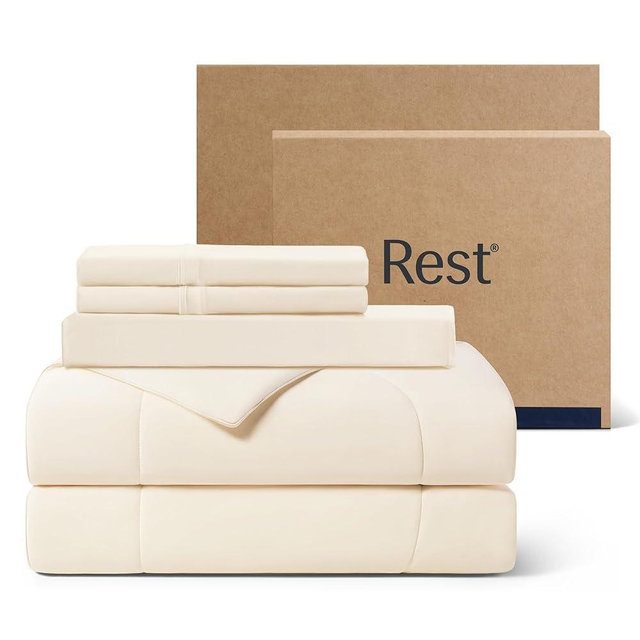 REST® Evercool®+ Cooling Comforter Set, Queen, Snow Ivory, 4pcs with Cooling Blanket, Wrinkle-Free Deep Pocket Fitted Sheet, 2 Silver-Infused Pillowcases for Skin and Hair Bed Set, for Ultra Comfort