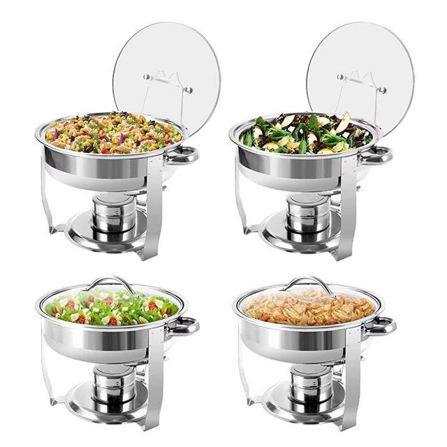 BriSunshine 4 Packs 3 QT Round Chafing Dish Buffet Set, Stainless Steel Chafing Dishes with Glass Lid & Holder, Food Warmer for Parties Weddings Banquets Events