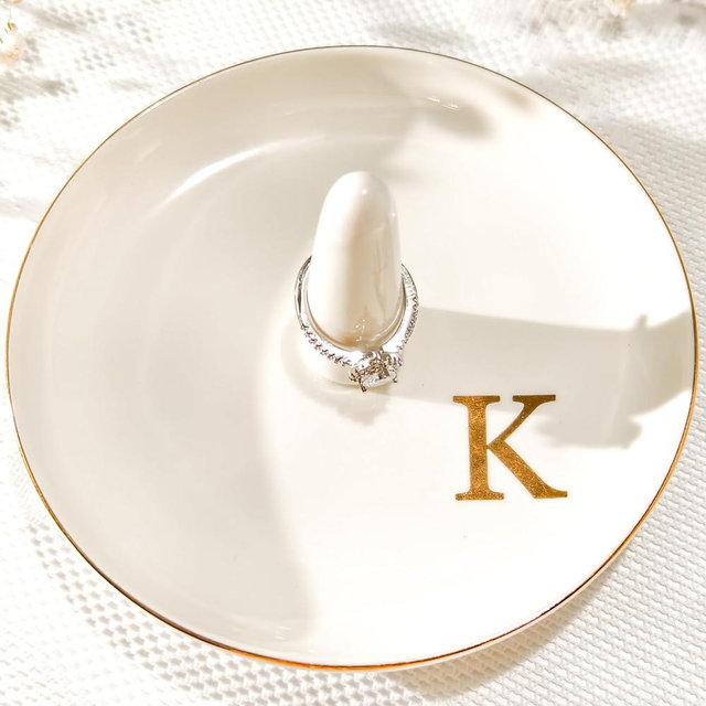 Yoqanr Ceramic Initials Jewelry Tray Ring Dish With Personalized K-Monogrammed Engagement Wedding Gifts, for Birthday Mother's Day for Women, Ceramic White 4.7" x2.4"